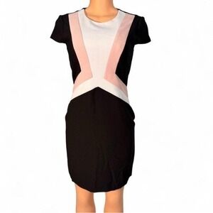 Vince Camuto Womens Colorblock Sheath Dress Black Pink White Short Sleeve Size 2